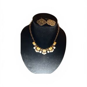 Gold Tone Statement Necklace and Filigree Earrings Set - Gold